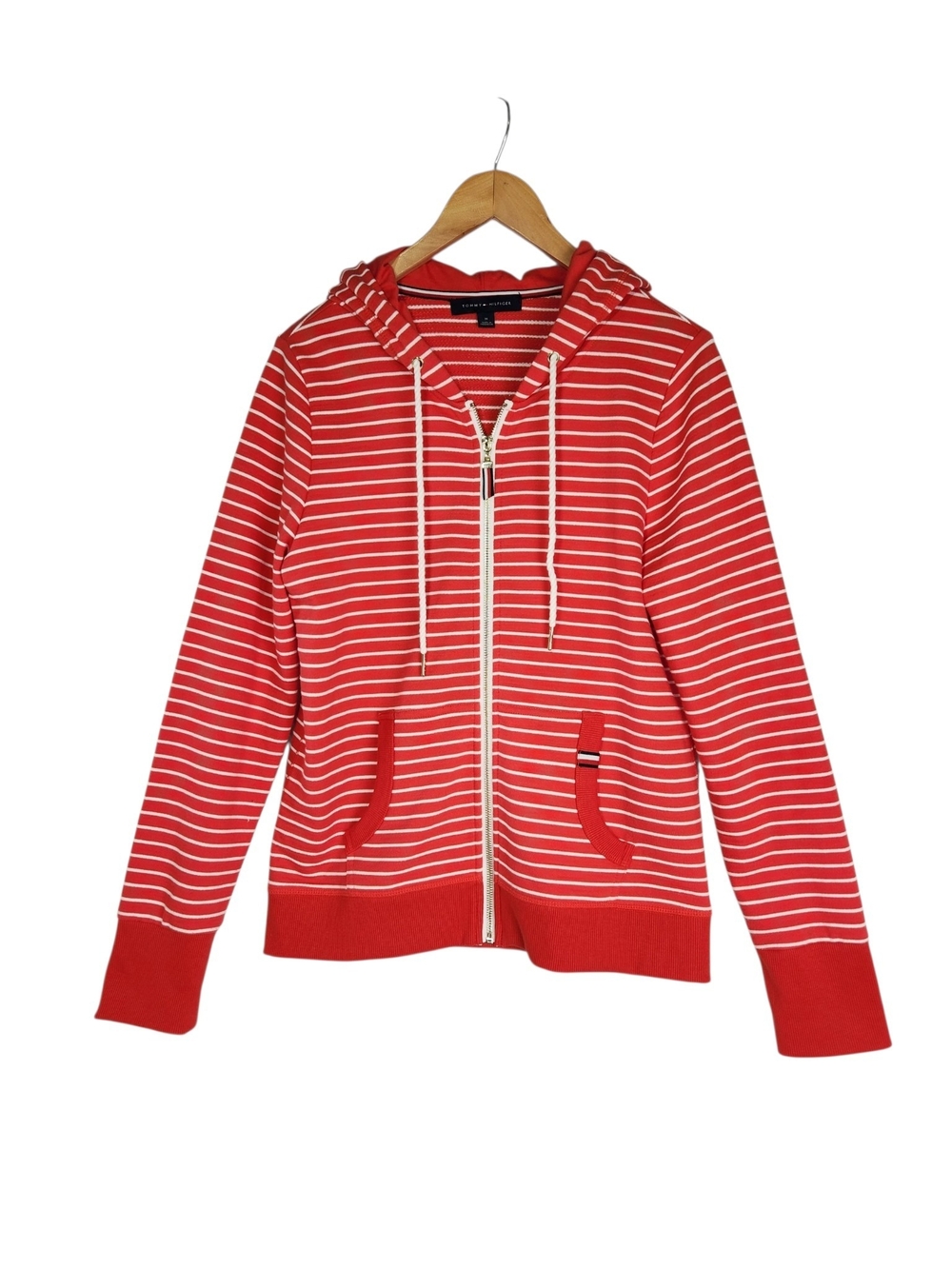 Tommy Hilfiger Womens M Orange Coral White Striped Zip Hoodie Sweatshirt Preppy